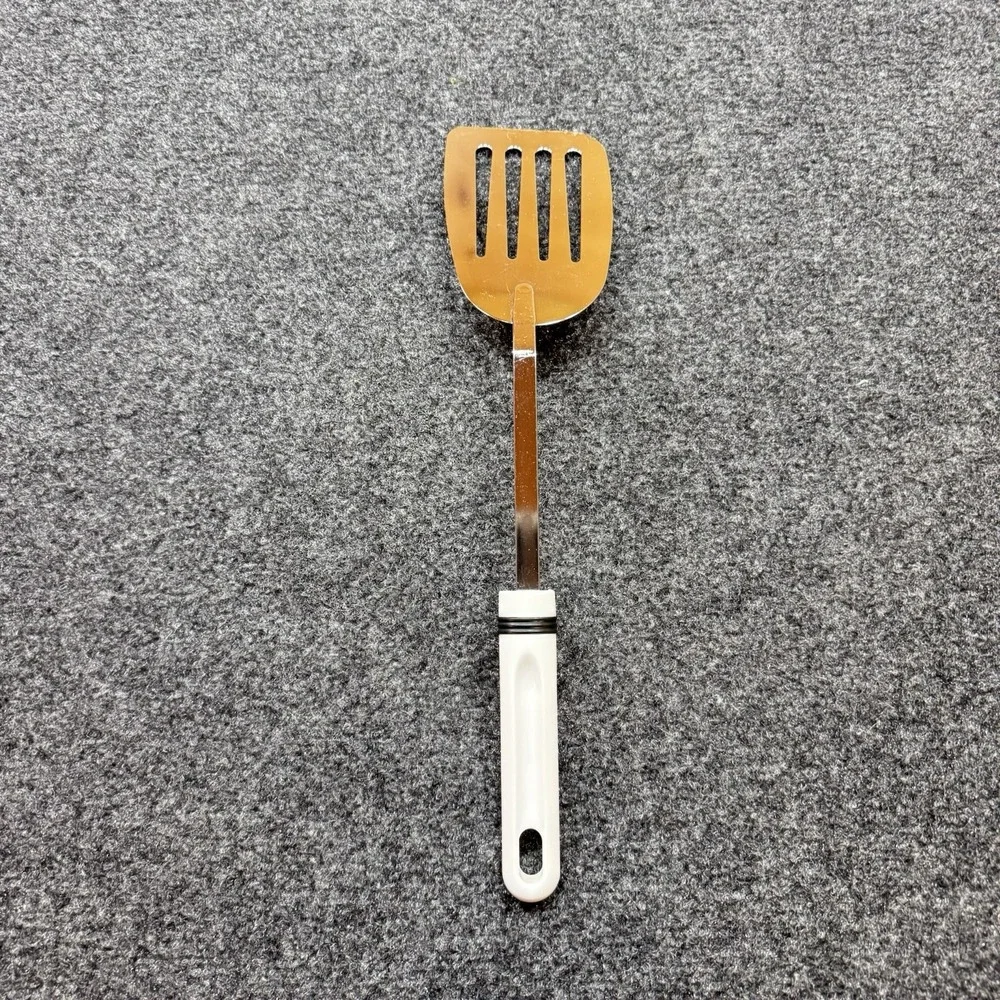 Vintage Slotted Metal Spatula Turner Flipper White Handle 13.5